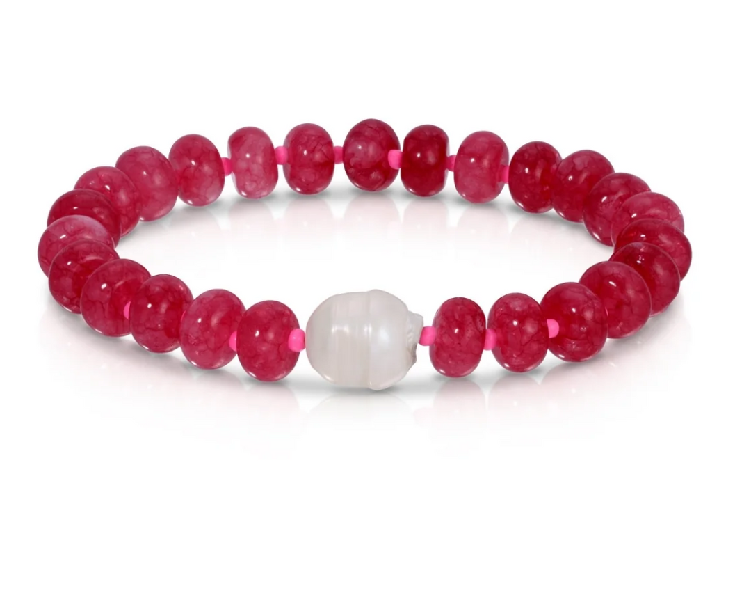 Stone Bracelet with Baroque Pearl - Dark Pink/Bright Pink