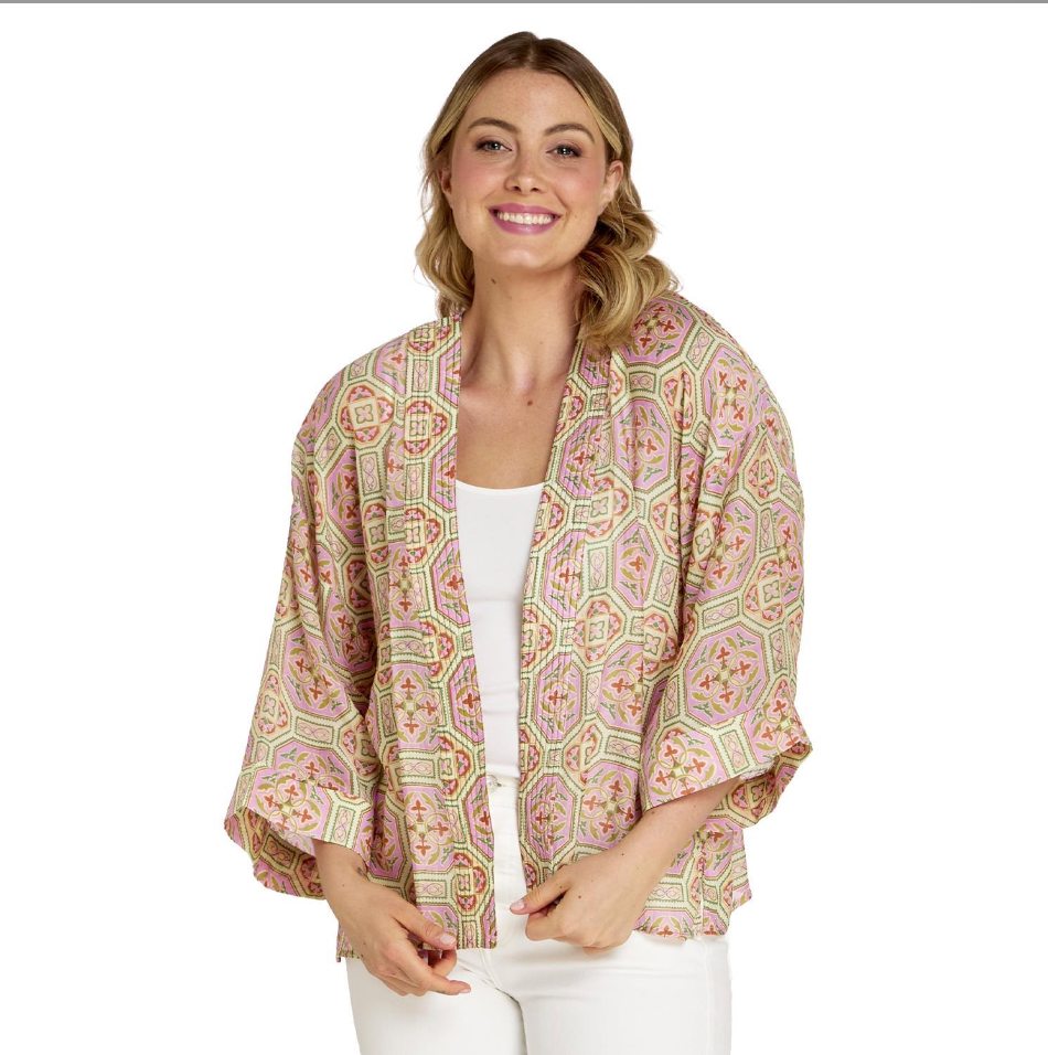 Vintage Tiles Pink Short Kimono