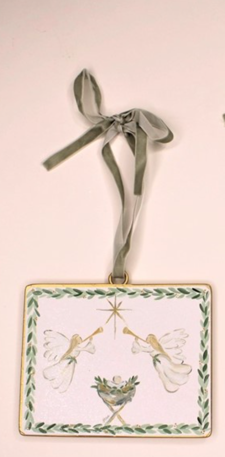 4x6" Metal Disc Ornament, Manger w Greenery, Glitter Accents, 2 asst ©Haley Bush