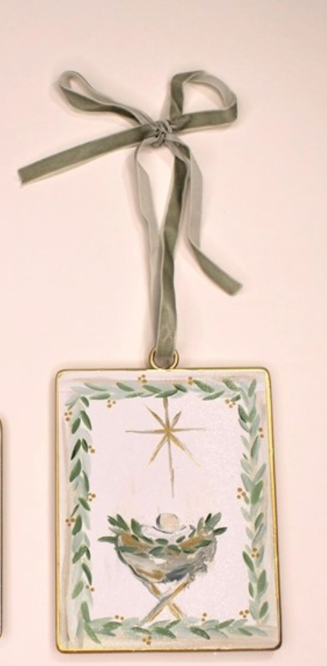 4x6" Metal Disc Ornament, Manger w Greenery, Glitter Accents, 2 asst ©Haley Bush