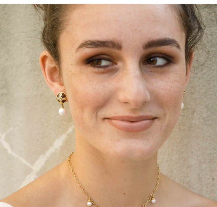 Monique Drop Earrings- Pearl/Teak