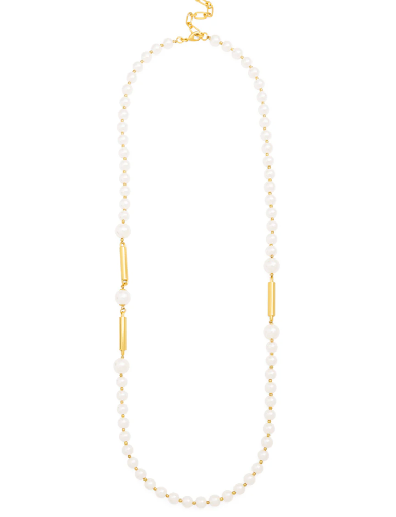 LONG PEARL NECKLACE WITH METAL BAR- GOLD/PEARL