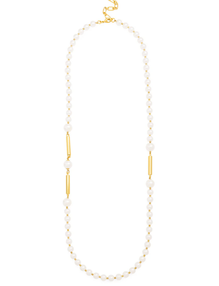 LONG PEARL NECKLACE WITH METAL BAR- GOLD/PEARL