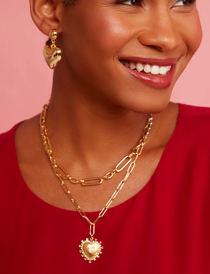 HEART PENDANT LINK COLLAR NECKLACE- GOLD/CLEAR