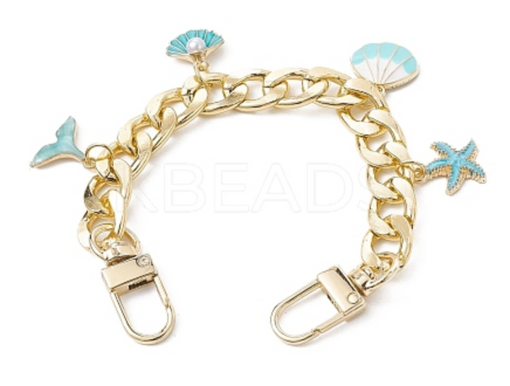Aluminum Curb Chains Purse Straps, with Ocean Theme Alloy Enamel Charms, Light Gold, 20.2cm
