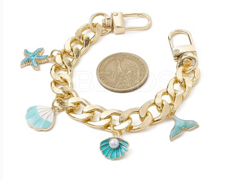 Aluminum Curb Chains Purse Straps, with Ocean Theme Alloy Enamel Charms, Light Gold, 20.2cm