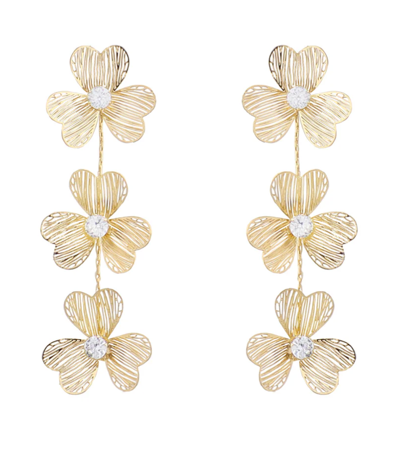 Thin Gold Printed Metal Flower with Pearl Stud 2" Drop Earring