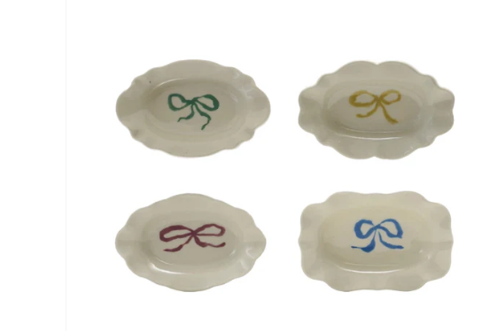 Stoneware Dish w Bow Scalloped Edge, 4 Colors