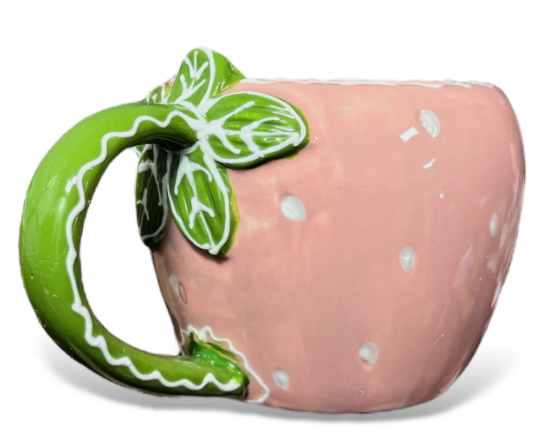 Stoneware Mug Strawberry Shaped Pink & Green