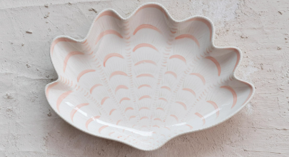 Hand-Painted Stoneware Shell Shaped Plate, White & Coral