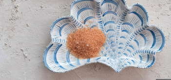 Hand-Painted Stoneware Shell Shaped Plate, White & Blue
