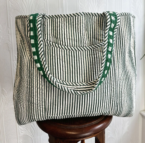 Green Checkered Quilted Tote Bag