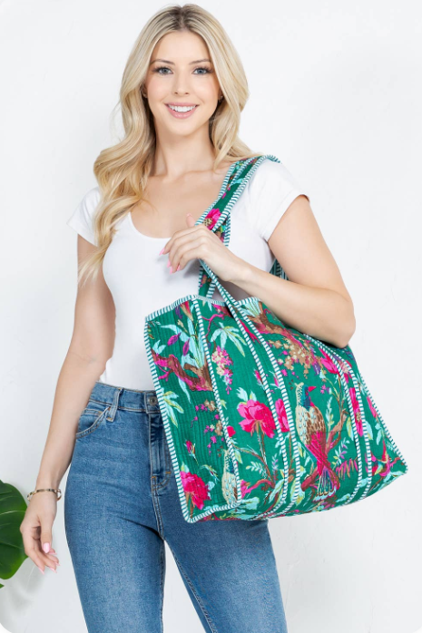 Green Bird Print Quilted Tote Bag