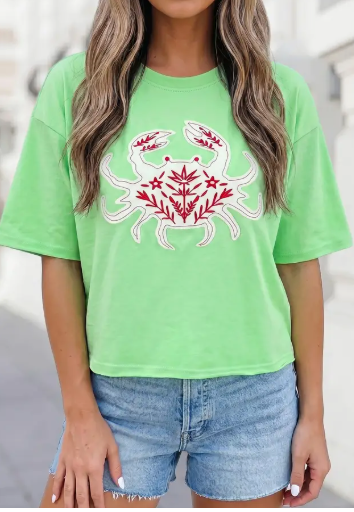 Crab Embroidered Bright Green Tee