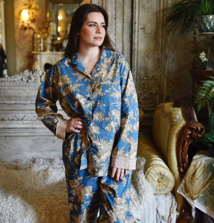 French Blue & Light Tan Large Floral Pyjamas