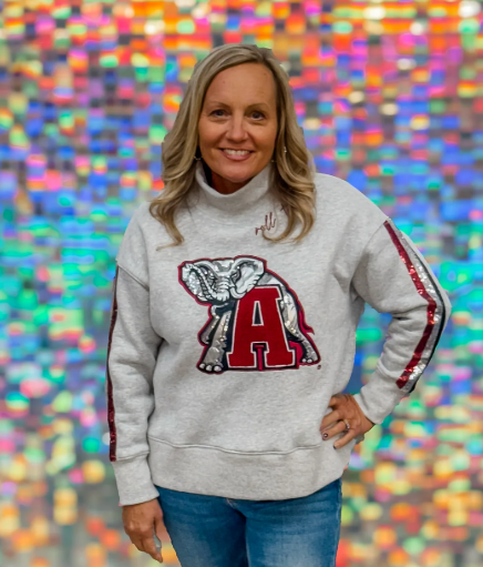 Alabama Mock Neck Sequin  Stripe Sweatshirt