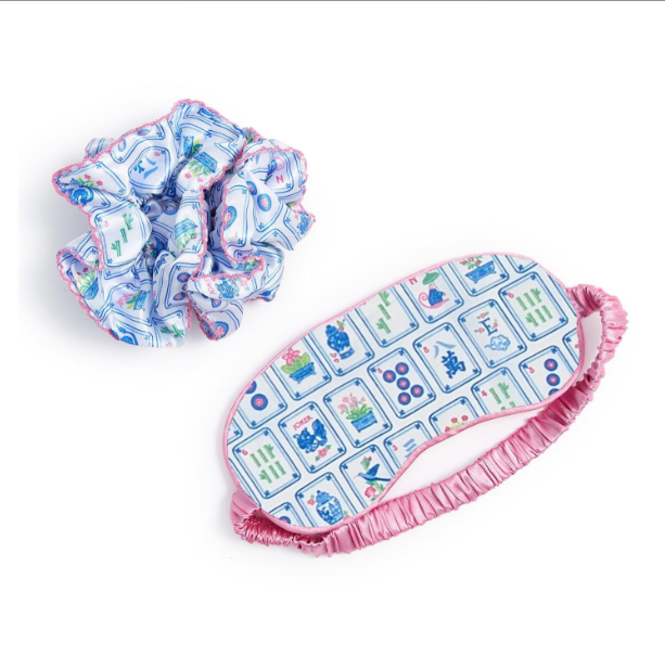 Pagoda Party Mahjong Sleep Mask and Ruffle Scrunchie Set with Matching Drawstring Gift Bag - Polyester