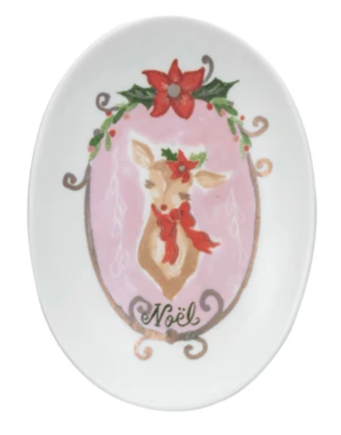 Stoneware Dish w/ Deer & Holiday Word, 4 Styles ©