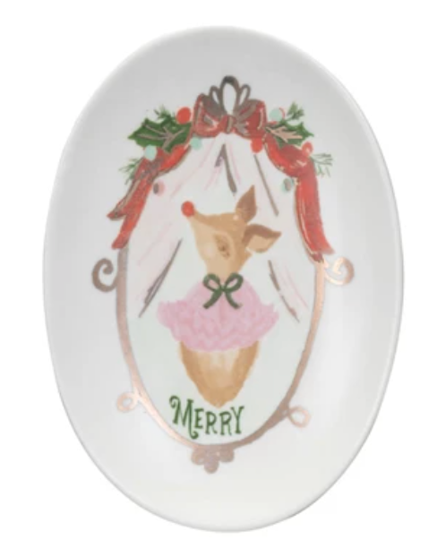 Stoneware Dish w/ Deer & Holiday Word, 4 Styles ©