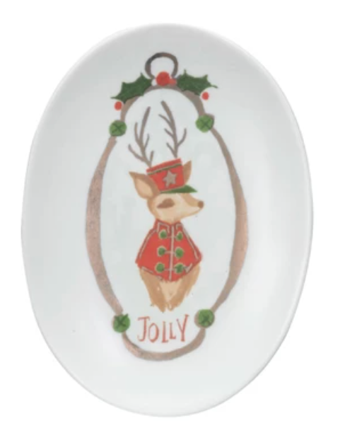 Stoneware Dish w/ Deer & Holiday Word, 4 Styles ©