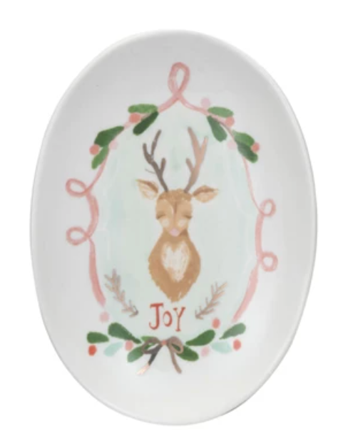 Stoneware Dish w/ Deer & Holiday Word, 4 Styles ©