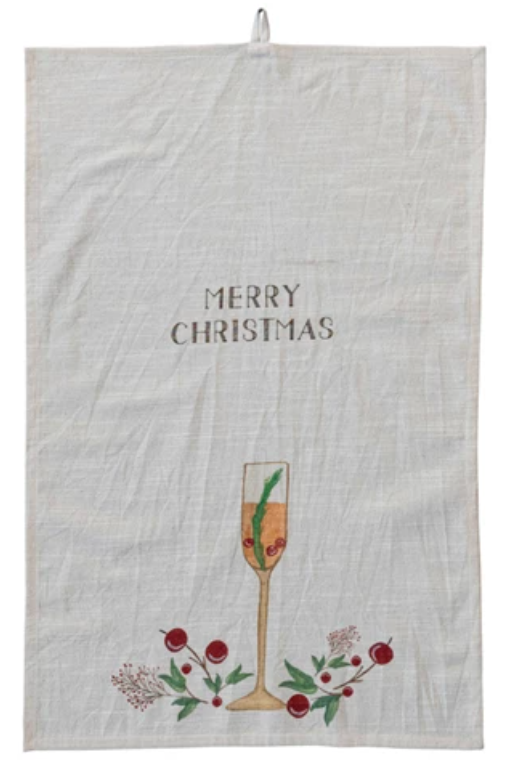 Cotton Slub Printed Tea Towel w/ Holiday Cocktail, Saying & Loop, 2 Styles ©