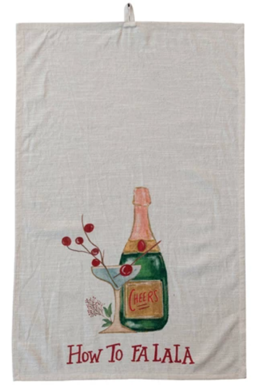 Cotton Slub Printed Tea Towel w/ Holiday Cocktail, Saying & Loop, 2 Styles ©