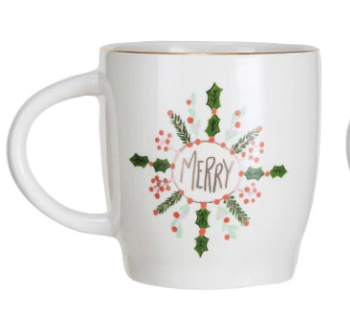 14 oz. Stoneware Mug w/ Holiday Saying & Gold Electroplated Rim, 4 Styles