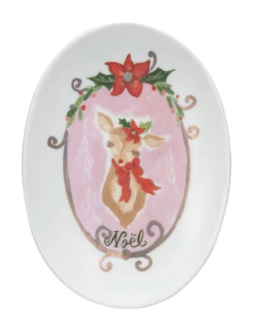 Stoneware Dish w/ Deer & Holiday Word, 4 Styles ©