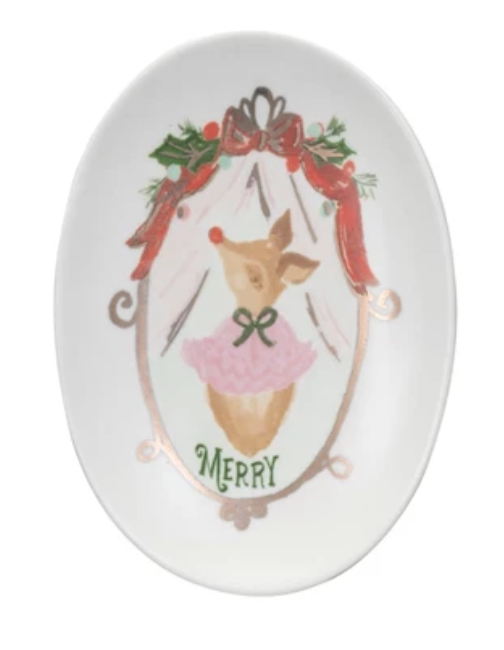 Stoneware Dish w/ Deer & Holiday Word, 4 Styles ©