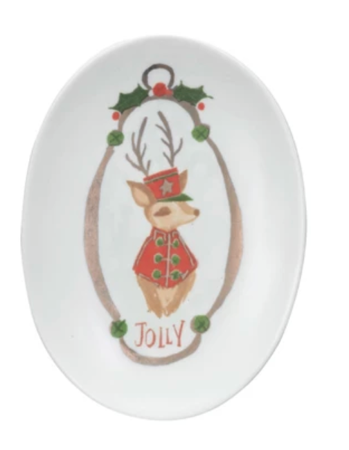 Stoneware Dish w/ Deer & Holiday Word, 4 Styles ©