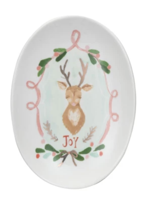 Stoneware Dish w/ Deer & Holiday Word, 4 Styles ©