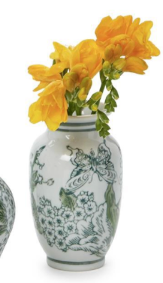 Primrose and Lotus Hand-Painted Mini Green and White Chinoiserie Vases
