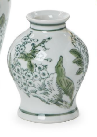 Primrose and Lotus Hand-Painted Mini Green and White Chinoiserie Vases