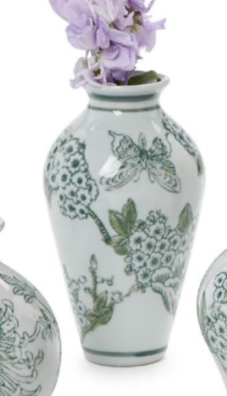 Primrose and Lotus Hand-Painted Mini Green and White Chinoiserie Vases