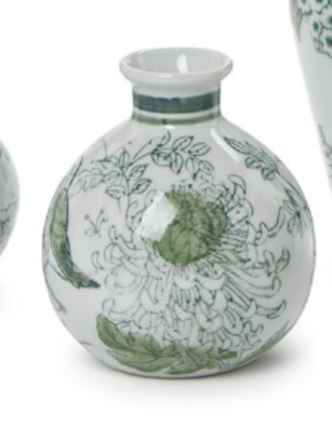 Primrose and Lotus Hand-Painted Mini Green and White Chinoiserie Vases