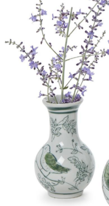 Primrose and Lotus Hand-Painted Mini Green and White Chinoiserie Vases