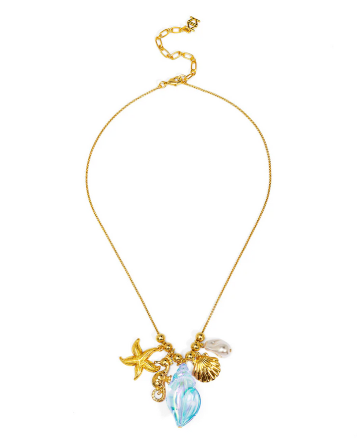 Iridescent Seashell Pendant Charm Cluster Necklace