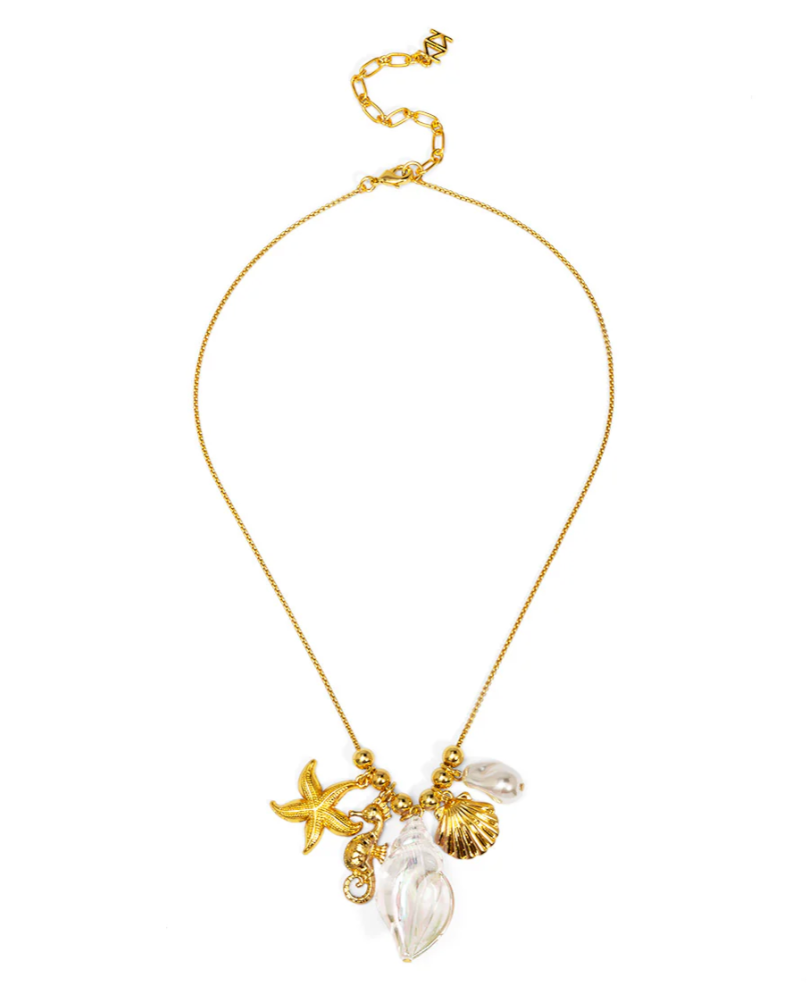 Iridescent Seashell Pendant Charm Cluster Necklace