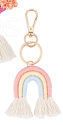 Weaving Tassel Cotton Pendant Decorations, Alloy Lobster Clasps Charm, Clip-on Charm, for Keychain, Purse, Backpack Ornament, Cerise, 115~145mm