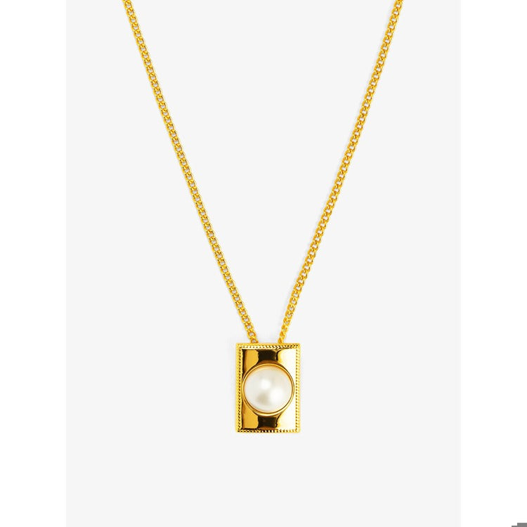 Square Pearl Pendant Short Necklace