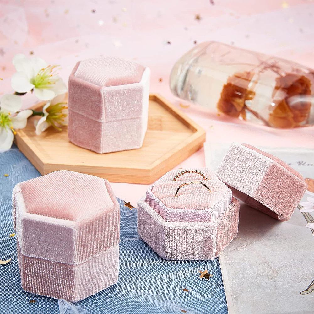 3-Slot Hexagonal Velvet Ring Boxes, Jewelry Gift Boxes for Rings, Stud Earrings Storage