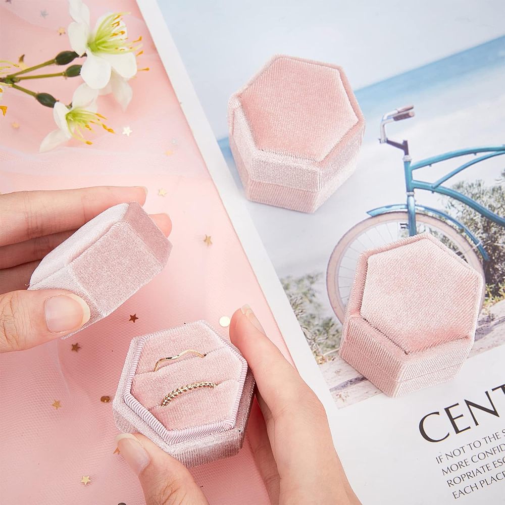 3-Slot Hexagonal Velvet Ring Boxes, Jewelry Gift Boxes for Rings, Stud Earrings Storage