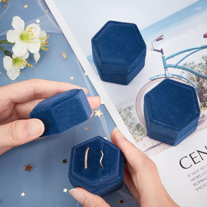 3-Slot Hexagonal Velvet Ring Boxes, Jewelry Gift Boxes for Rings, Stud Earrings Storage