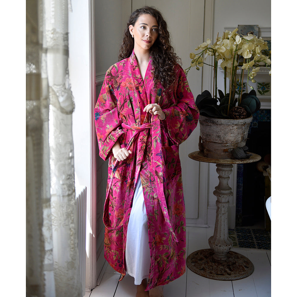 Velvet Grey, Coral & Mustard or Hot Pink Bird Print Dressing Gown With Satin Lining