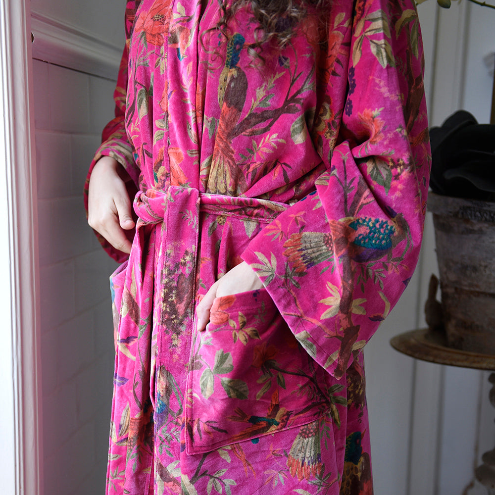 Velvet Grey, Coral & Mustard or Hot Pink Bird Print Dressing Gown With Satin Lining