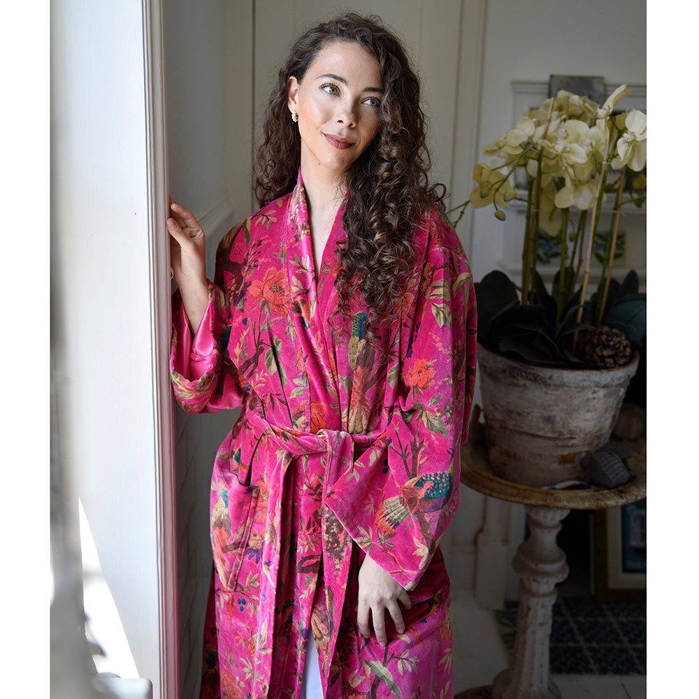 Velvet Grey, Coral & Mustard or Hot Pink Bird Print Dressing Gown With Satin Lining