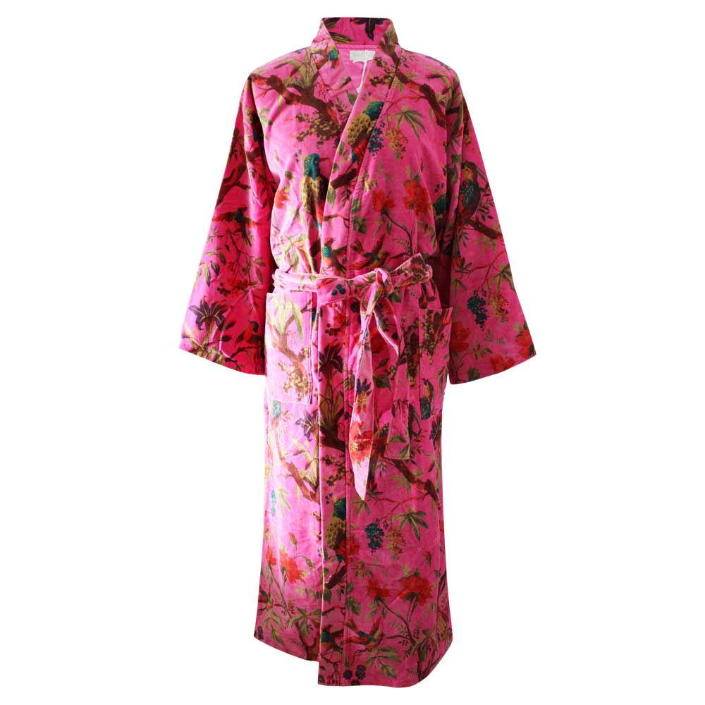 Velvet Grey, Coral & Mustard or Hot Pink Bird Print Dressing Gown With Satin Lining