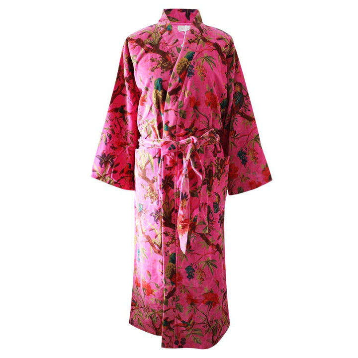 Velvet Grey, Coral & Mustard or Hot Pink Bird Print Dressing Gown With Satin Lining