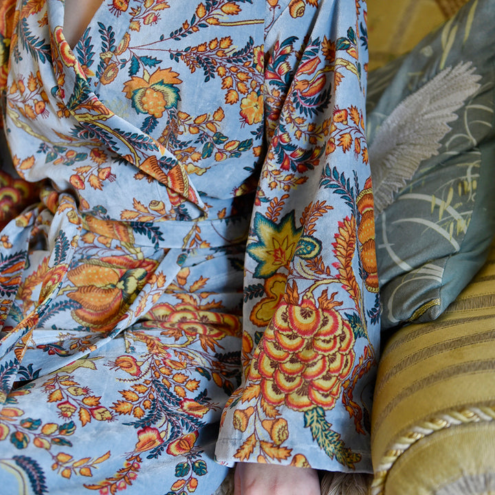 Velvet Grey, Coral & Mustard or Hot Pink Bird Print Dressing Gown With Satin Lining
